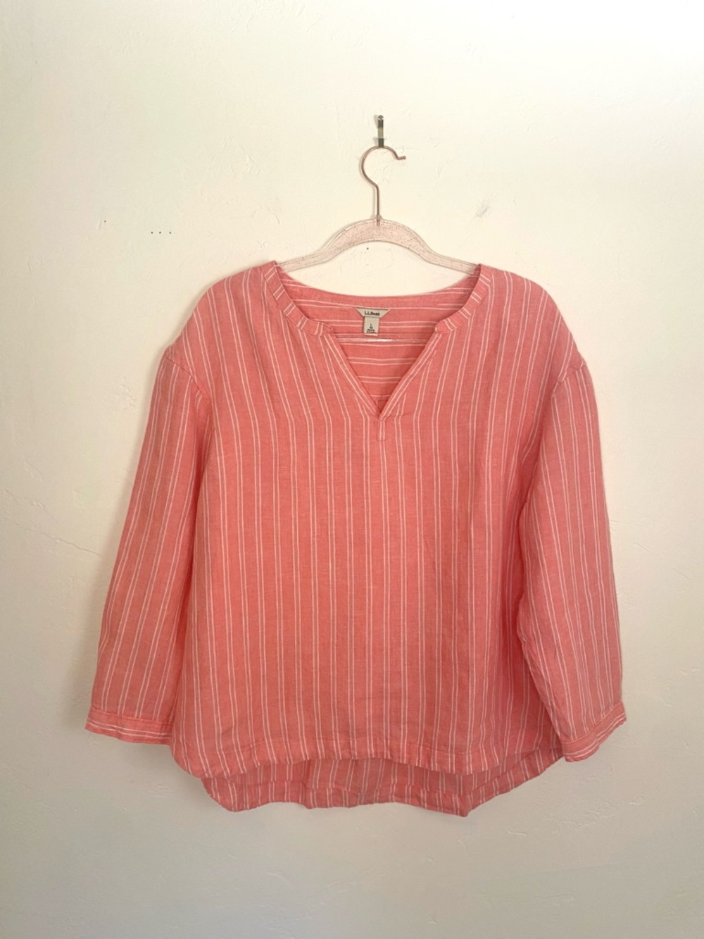L.L. Bean Women's L Premium Washable Linen Shirt Splitneck Dark Salmon Stripe